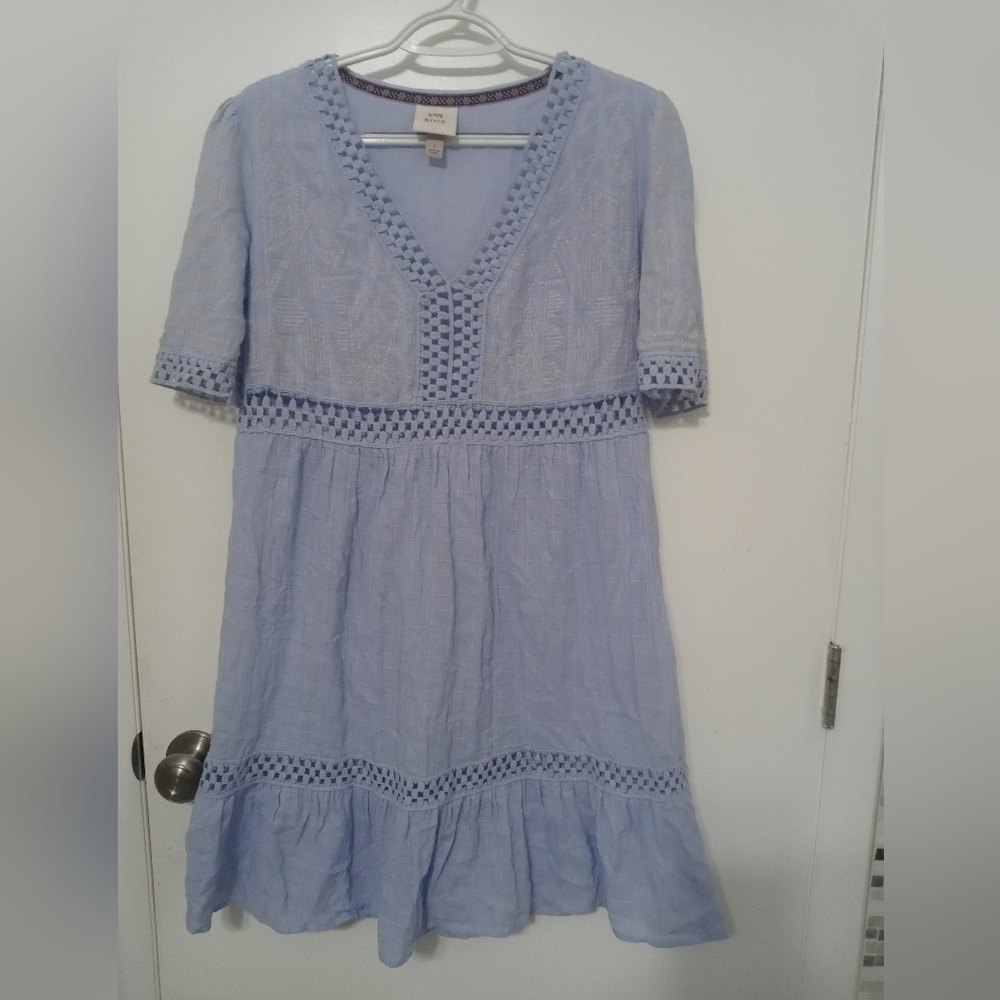 Knox Rose Baby Blue Window Pane Embroidered Peek A Boo Peasant Dress w ruffles S
